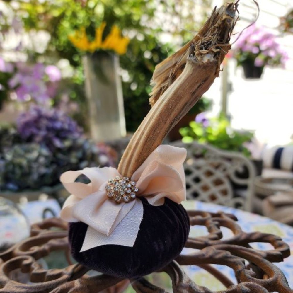 PUMPKIN WITH REAL STEM, VELVET FABRIC, SILK RIBBONS AND UNIQUE TRIM HANDMADE